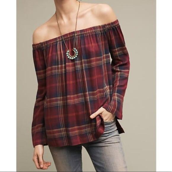 Anthropologie Cloth & Stone Homestead Plaid Off the Shoulder Blouse // S - Picture 1 of 11